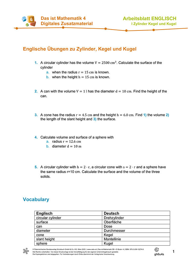 Zylinder, Kegel und Kugel