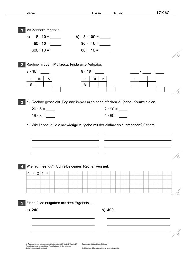 Das Zahlenbuch 3, Lernzielkontrolle 6C