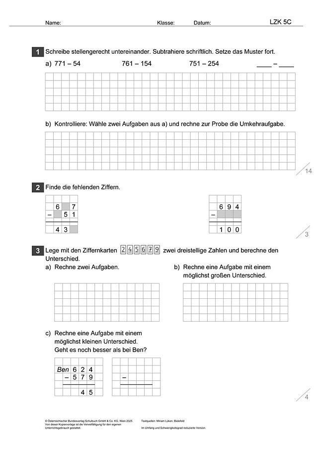 Das Zahlenbuch 3, Lernzielkontrolle 5C