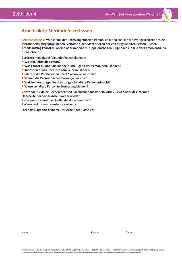 Steckbriefe verfassen