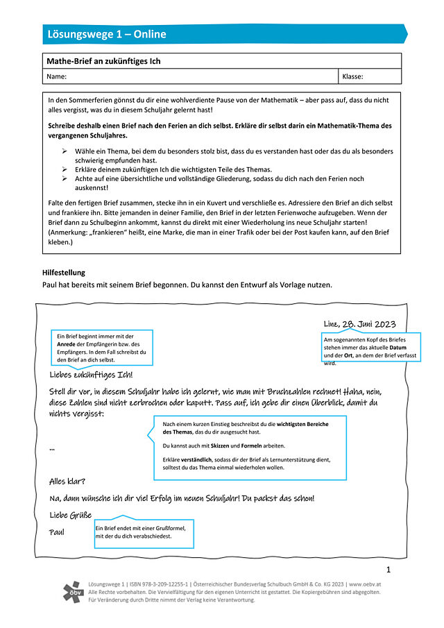 Mathe-Brief an zukünftiges Ich