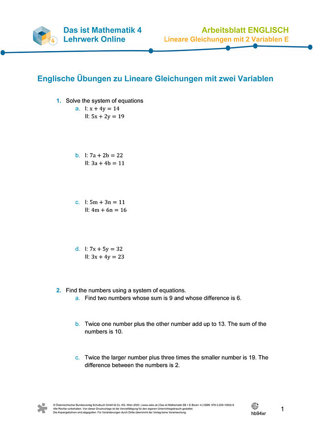 Üben und Vertiefen - Lineare Gleichungen mit zwei Variablen