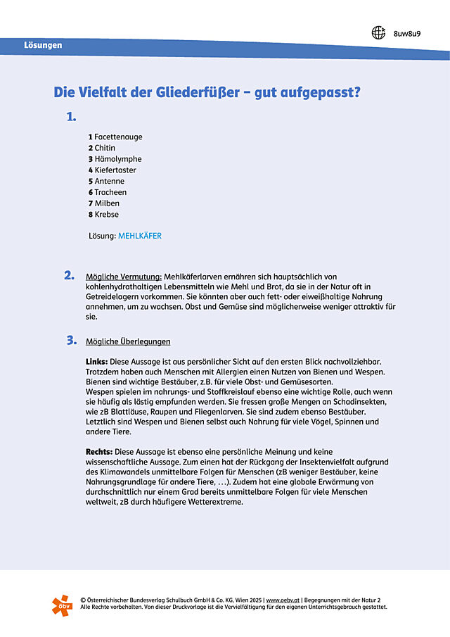 Gut aufgepasst? Lösungen - Gliederfüßer