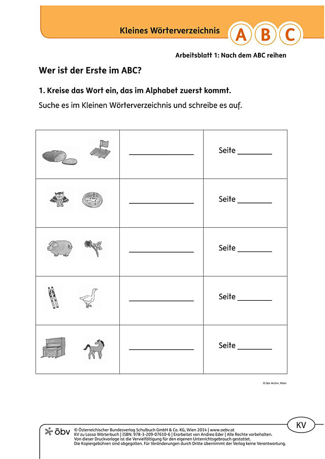Nach dem ABC reihen, Im Kleinen Wörterverzeichnis nachschlagen