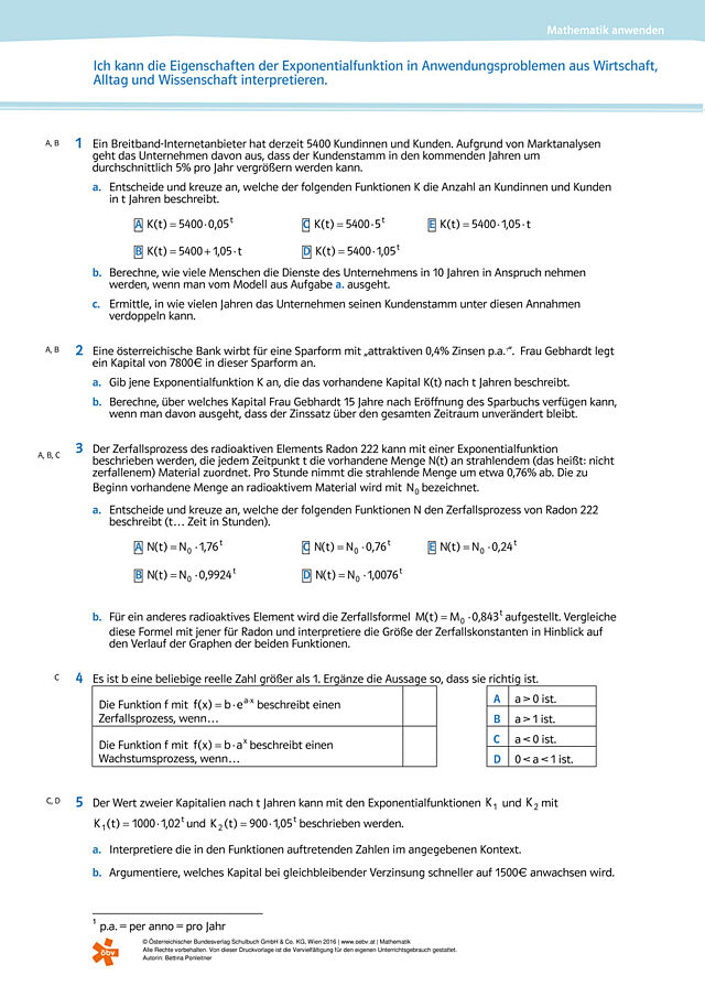 Ich kann die Eigenschaften der Exponentialfunktion in Anwendungsproblemen aus Wirtschaft, Alltag und Wissenschaft interpretieren
