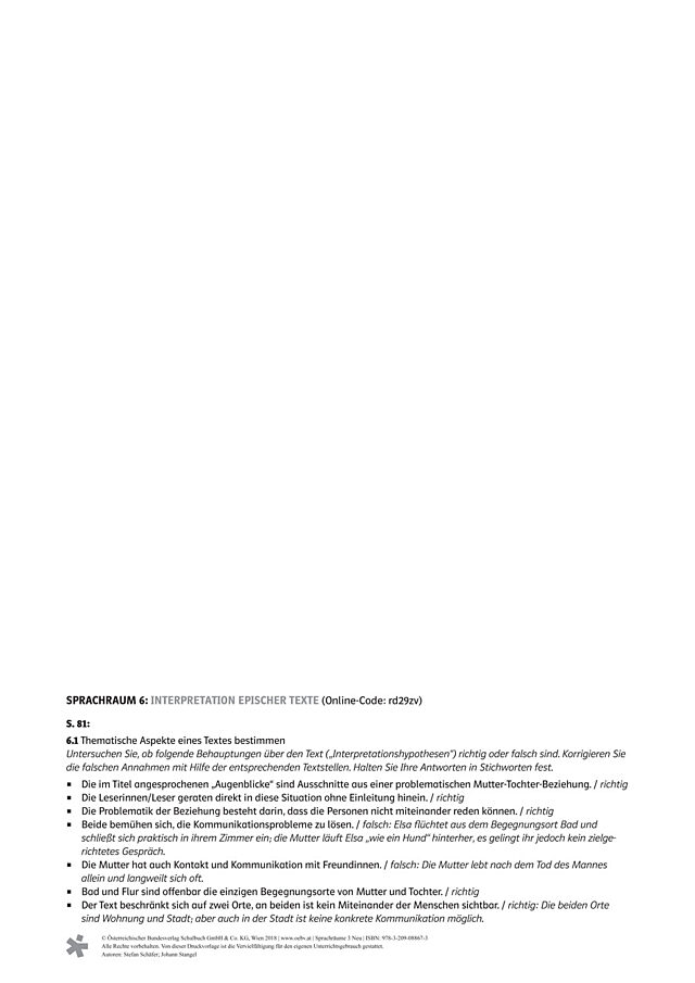 Schwerpunkt Interpretation epischer Texte – Thema „Lebenspläne“