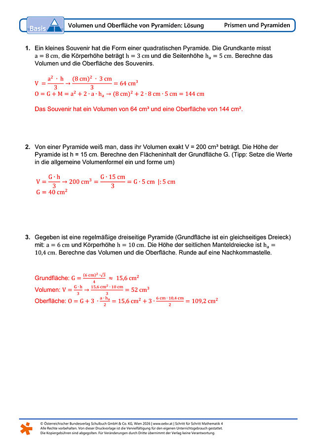 Volumen und Oberfläche von Pyramiden