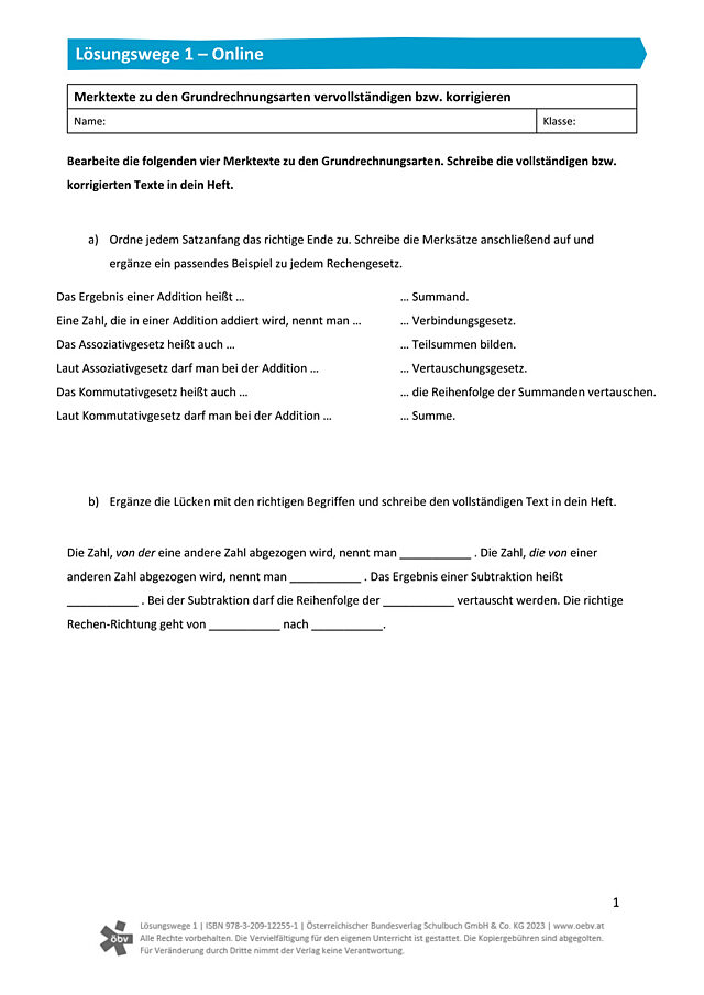Merktexte zu den Grundrechnungsarten