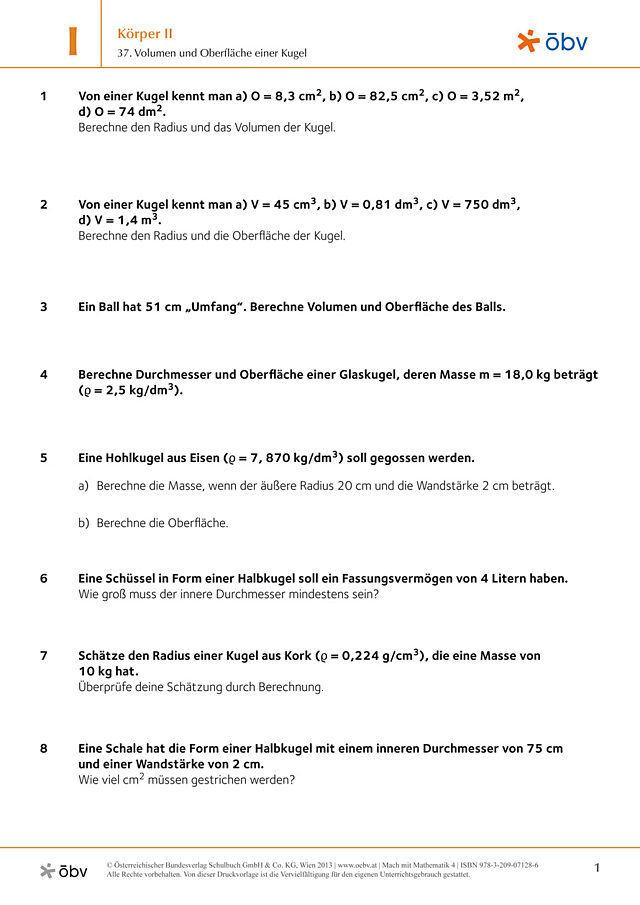 37. Volumen und Oberfläche einer Kugel