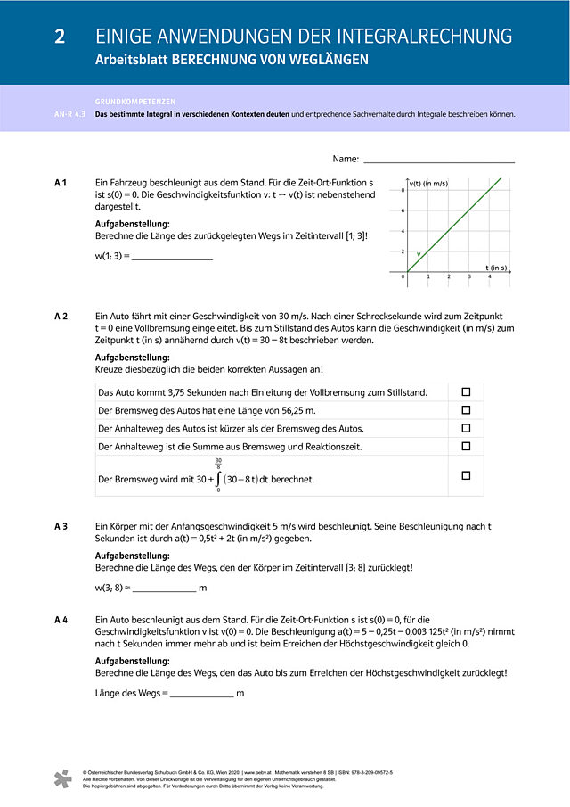 Arbeitsblatt - Einige Anwendungen der Integralrechnung