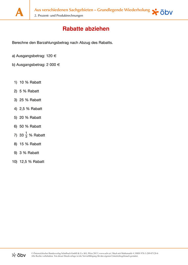 2. Prozent- und Produktrechnungen - Rabatte abziehen