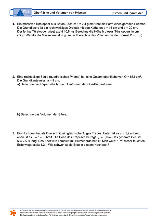 Oberfläche und Volumen von Prismen